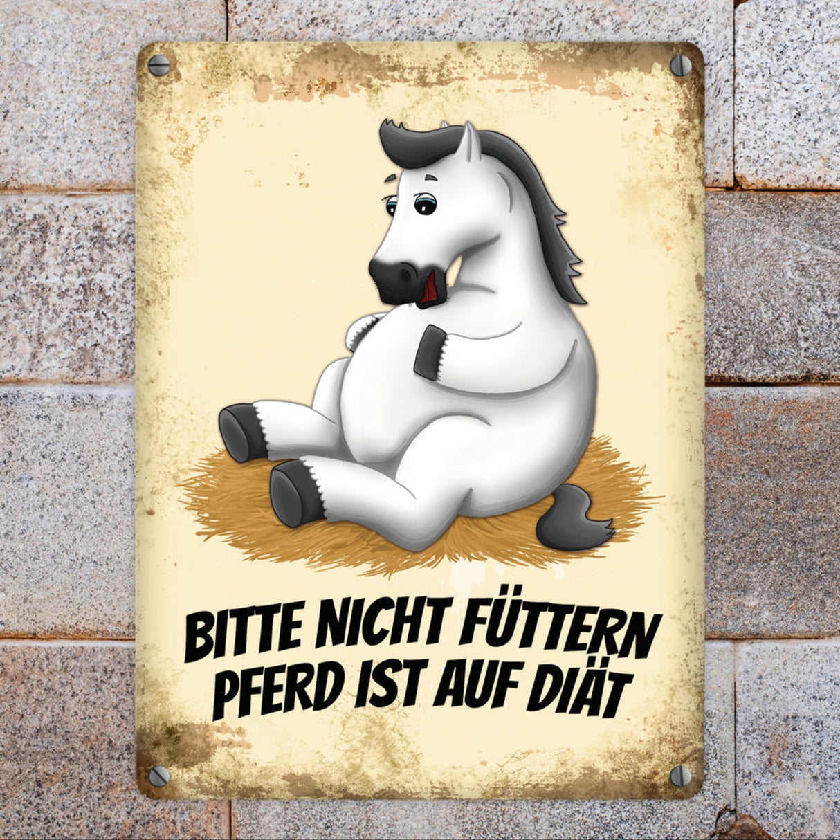 Metallschild mit Pferde Motiv und Spruch: Bitte nicht füttern - Pferd ist auf Diät