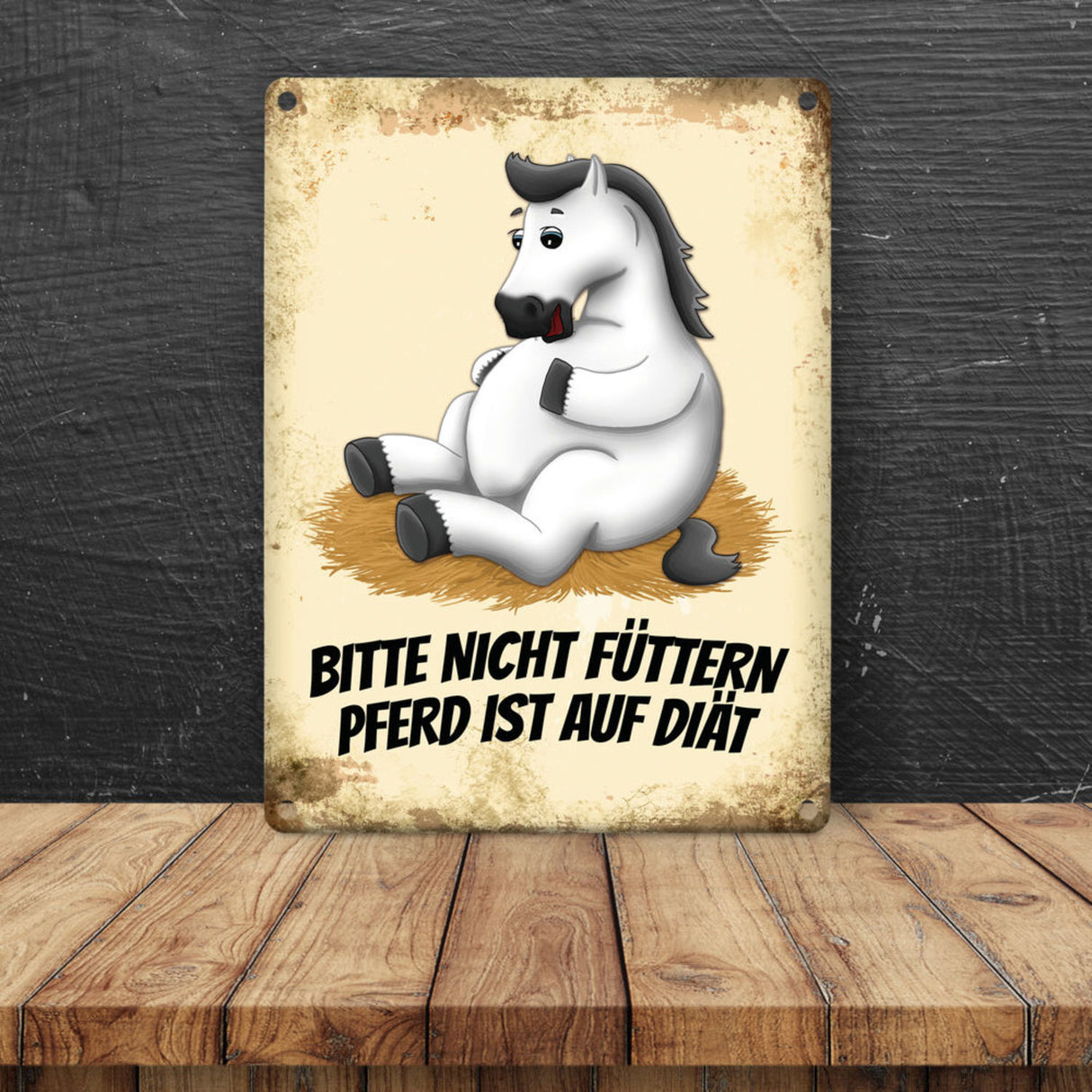 Metallschild mit Pferde Motiv und Spruch: Bitte nicht füttern - Pferd ist auf Diät