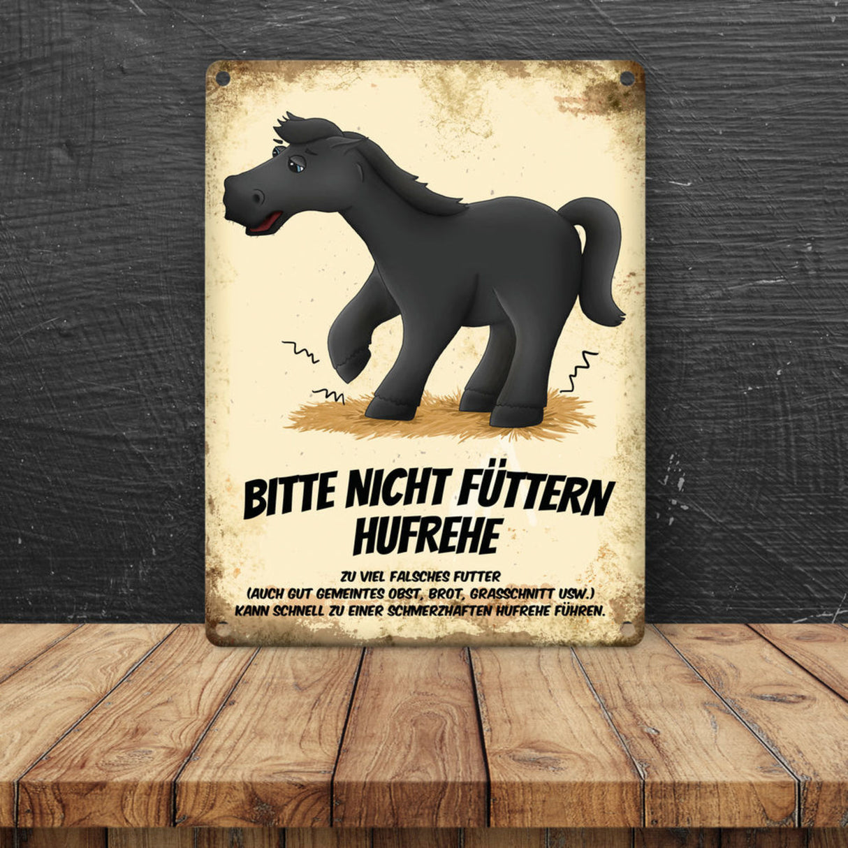 Metallschild mit Pferde Motiv und Spruch: Bitte nicht füttern - Hufrehe