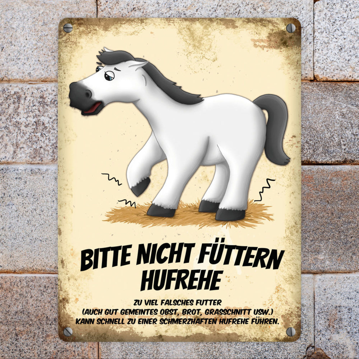 Metallschild mit Pferde Motiv und Spruch: Bitte nicht füttern - Hufrehe
