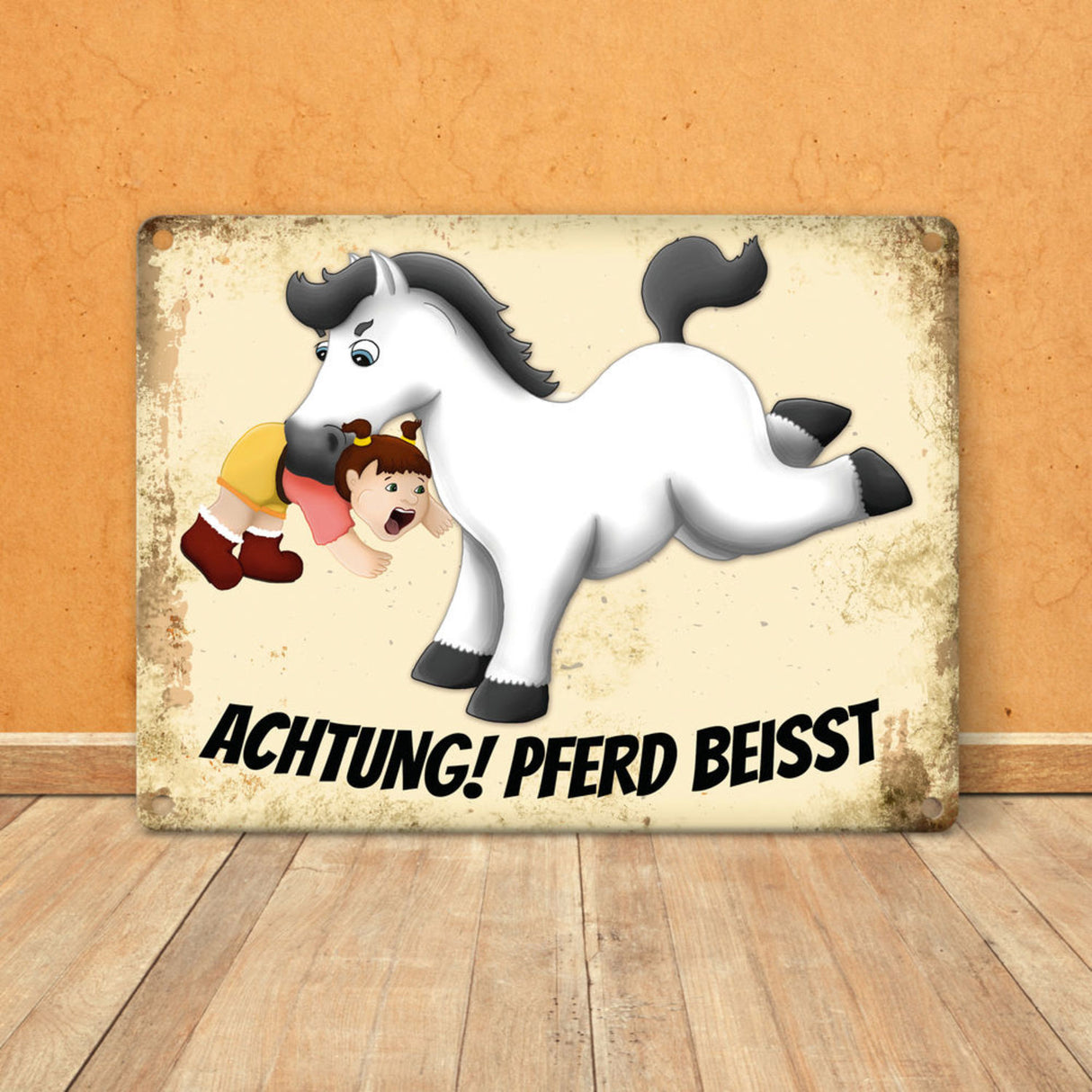 Metallschild mit Pferde Motiv und Spruch: Achtung! Pferd beisst - Warnschild Koppel