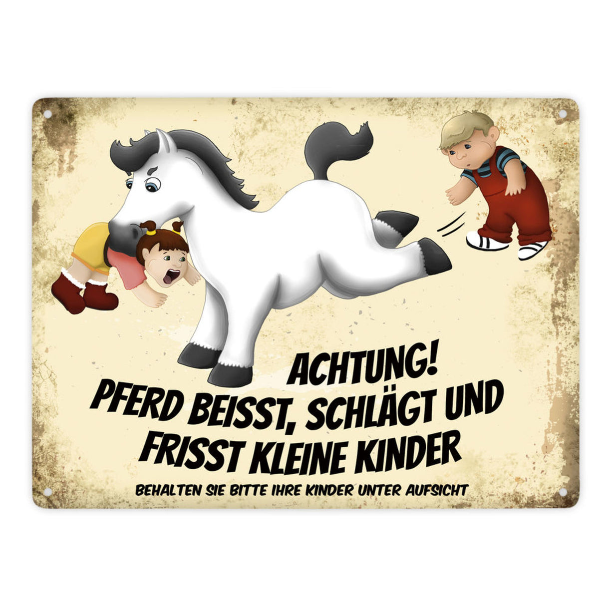 Metallschild mit Pferde Motiv und Spruch: Achtung! Pferd beisst schlägt und frisst kleine Kinder! Warnschild für die Koppel