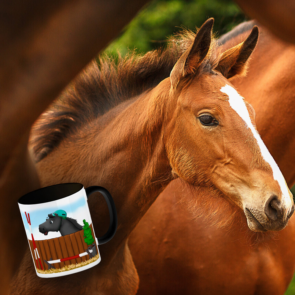 Kaffeebecher mit schwarzes Springpferd Motiv