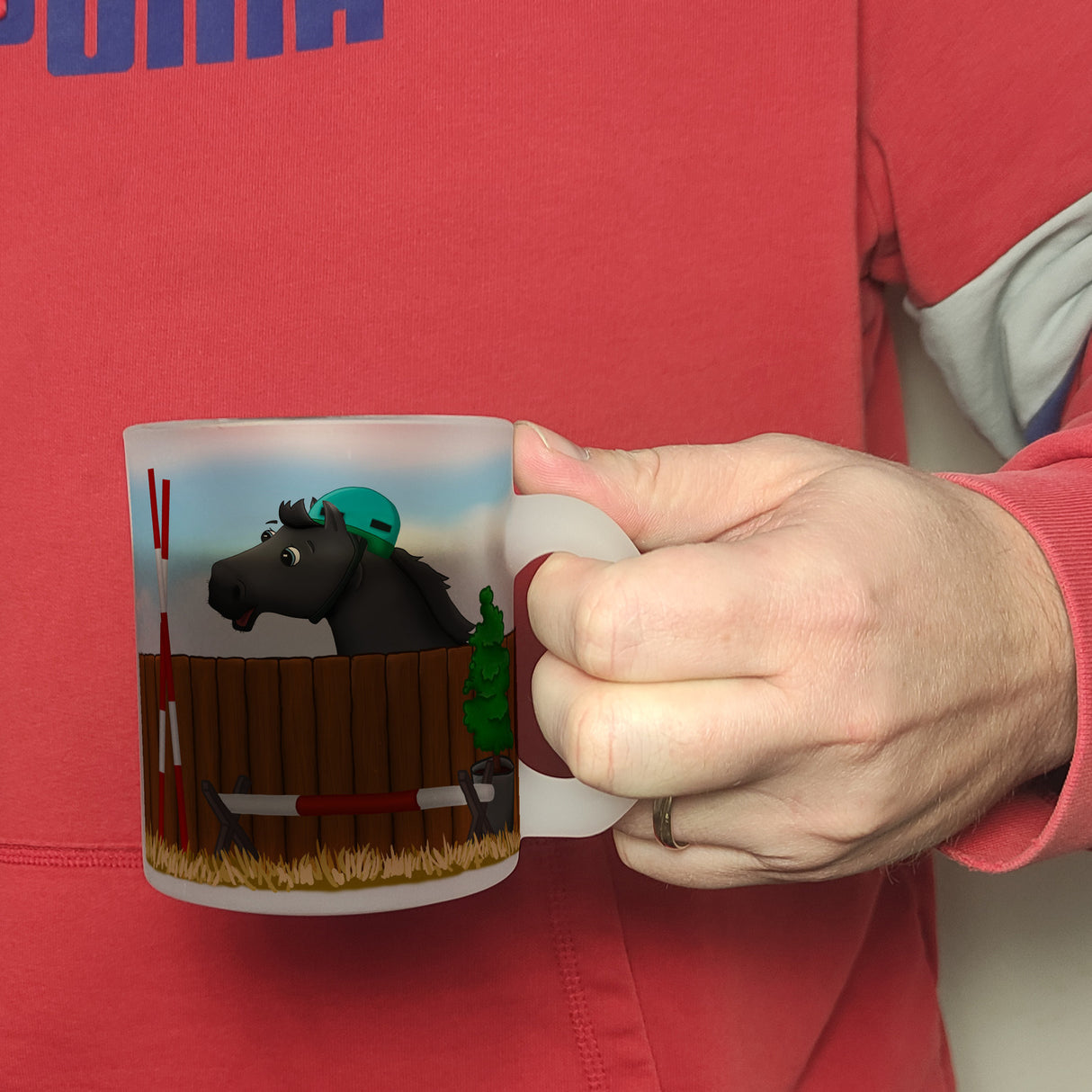 Kaffeebecher mit schwarzes Springpferd Motiv