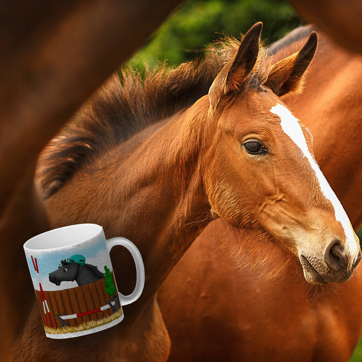 Kaffeebecher mit schwarzes Springpferd Motiv