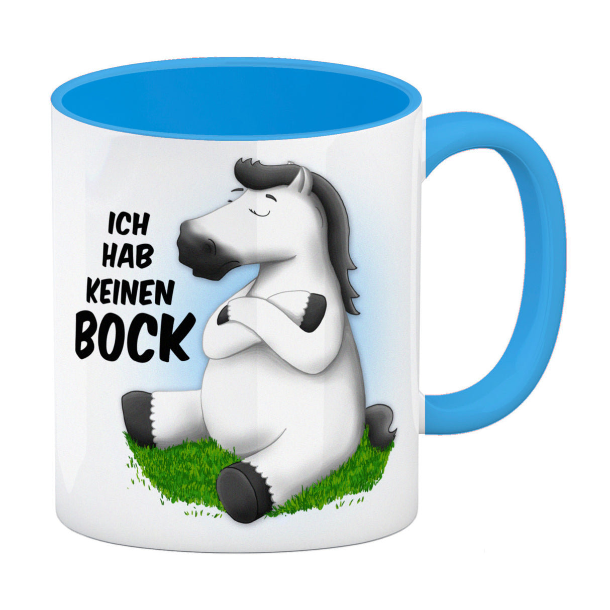 Kaffeebecher mit weißes Pferd Motiv und Spruch: Ich hab keinen Bock