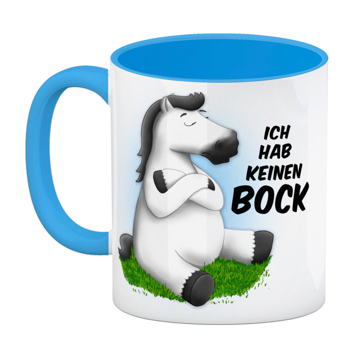 Kaffeebecher mit weißes Pferd Motiv und Spruch: Ich hab keinen Bock