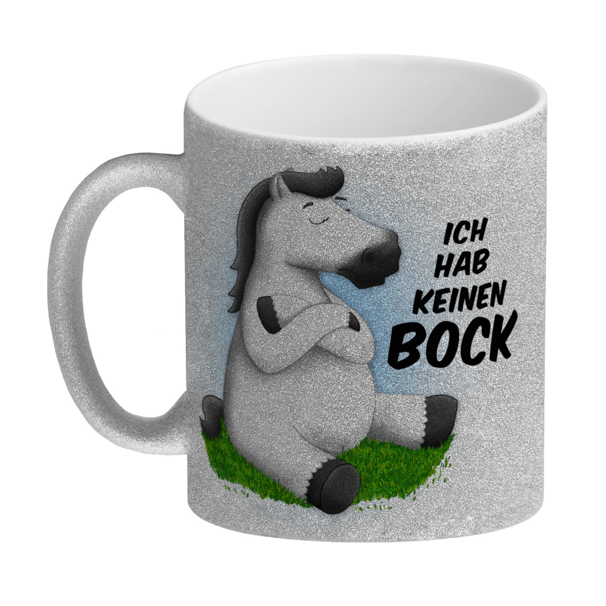Kaffeebecher mit weißes Pferd Motiv und Spruch: Ich hab keinen Bock
