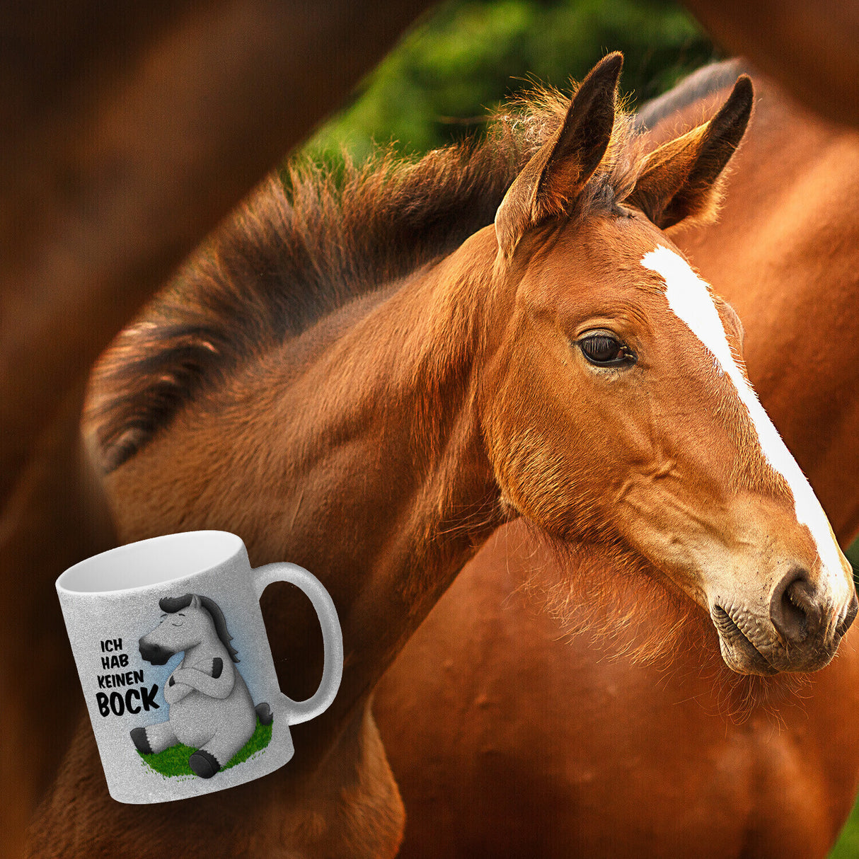 Kaffeebecher mit weißes Pferd Motiv und Spruch: Ich hab keinen Bock