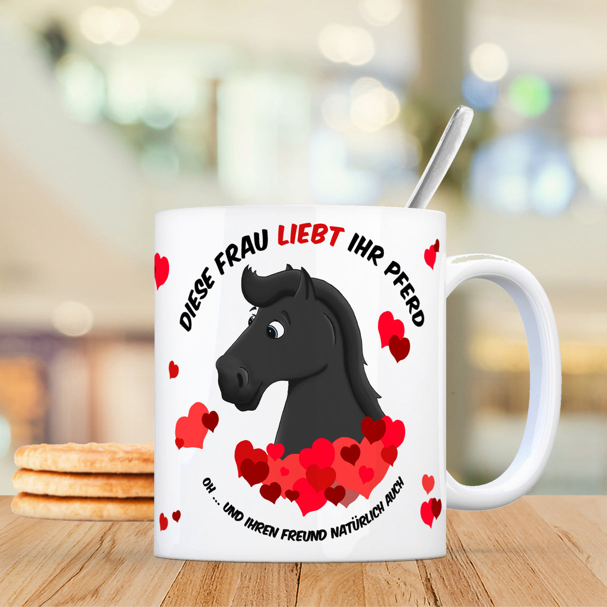Kaffeebecher mit weißes Pferd Motiv und Spruch: Diese Frau liebt ihr Pferd. Oh ...