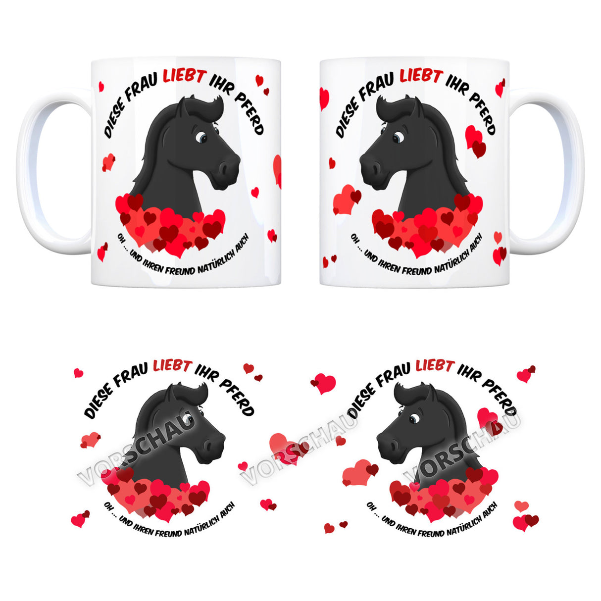 Kaffeebecher mit weißes Pferd Motiv und Spruch: Diese Frau liebt ihr Pferd. Oh ...