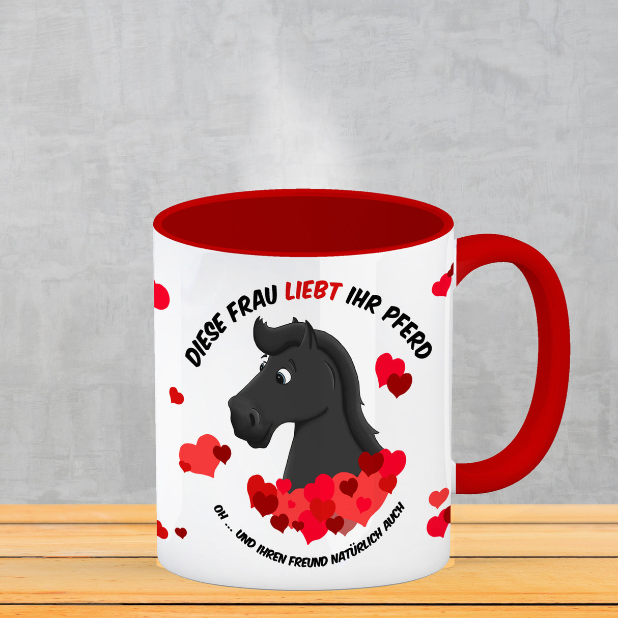 Kaffeebecher mit weißes Pferd Motiv und Spruch: Diese Frau liebt ihr Pferd. Oh ...