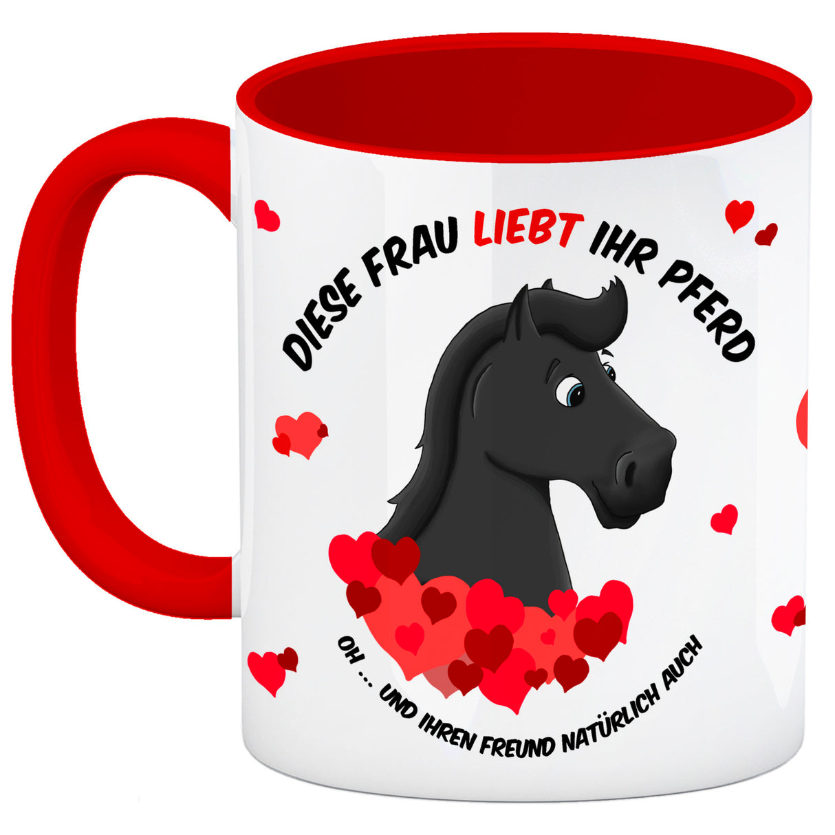 Kaffeebecher mit weißes Pferd Motiv und Spruch: Diese Frau liebt ihr Pferd. Oh ...