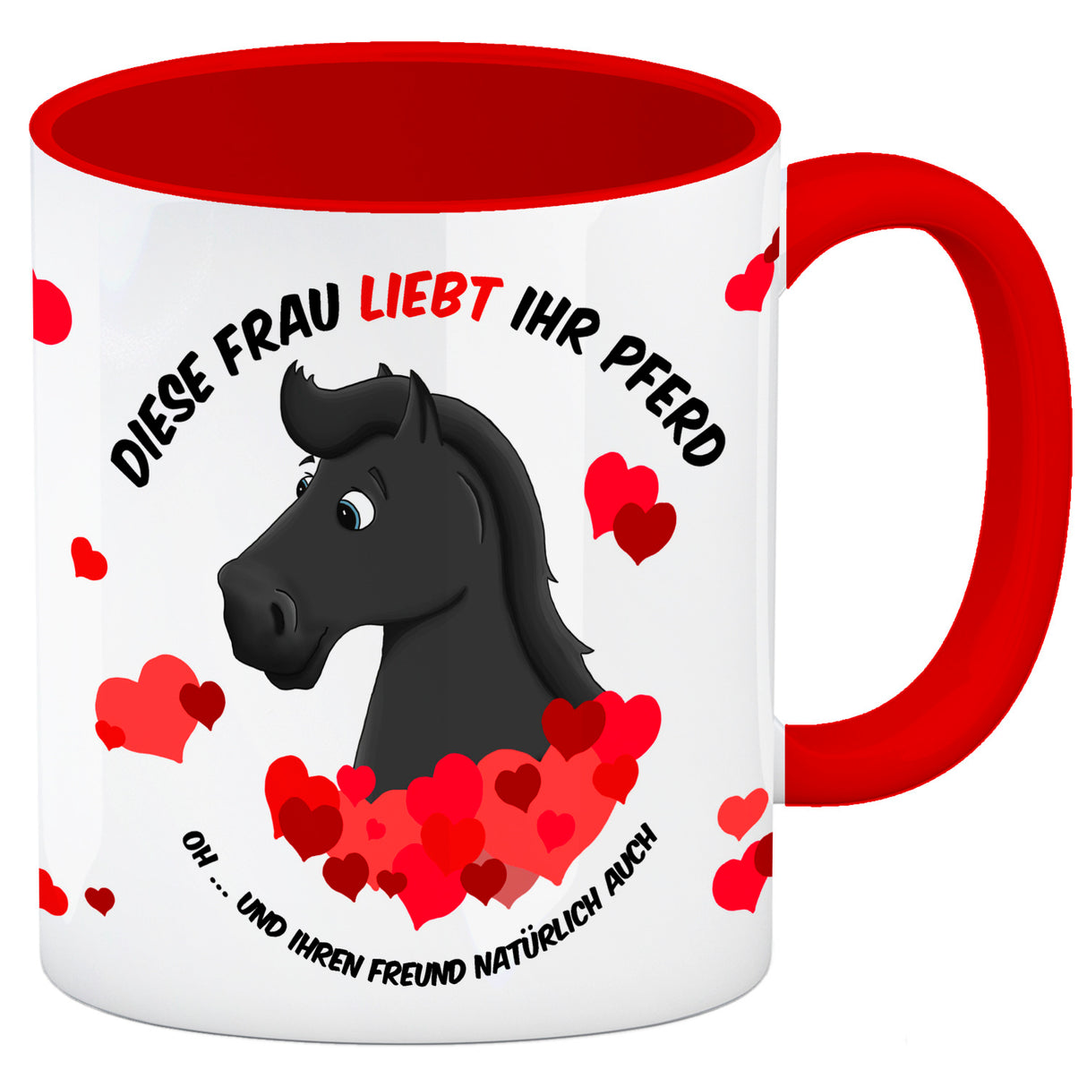 Kaffeebecher mit weißes Pferd Motiv und Spruch: Diese Frau liebt ihr Pferd. Oh ...
