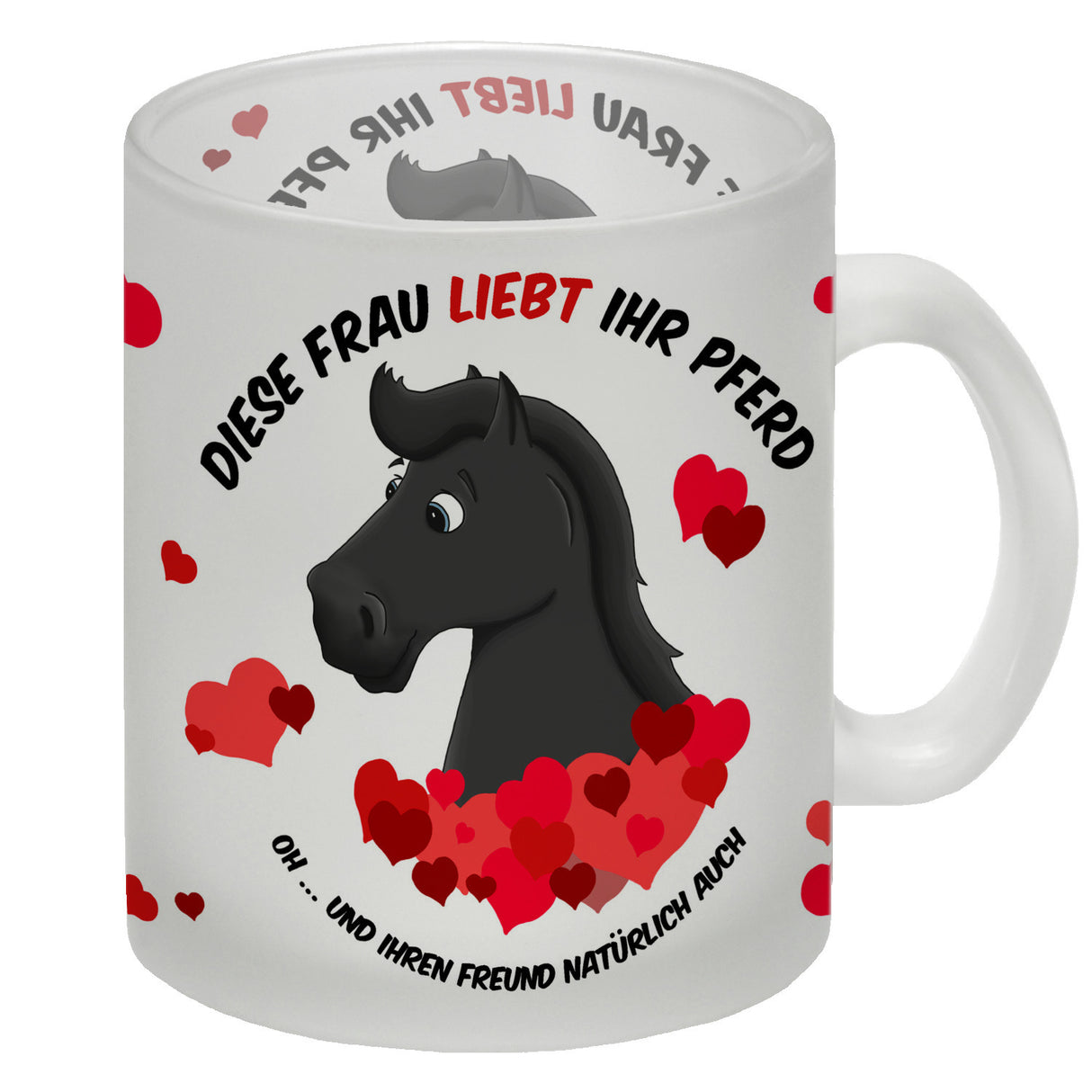 Kaffeebecher mit weißes Pferd Motiv und Spruch: Diese Frau liebt ihr Pferd. Oh ...