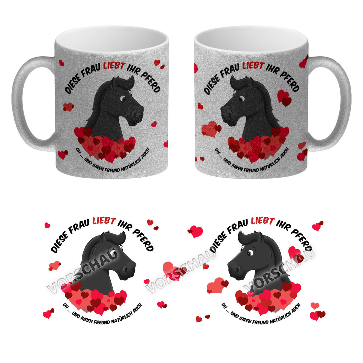 Kaffeebecher mit weißes Pferd Motiv und Spruch: Diese Frau liebt ihr Pferd. Oh ...