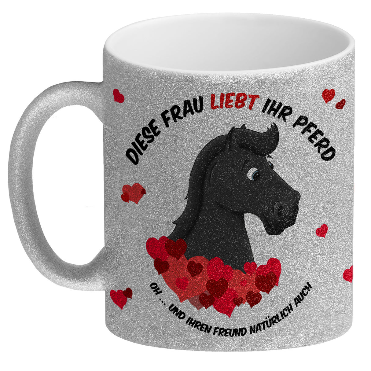 Kaffeebecher mit weißes Pferd Motiv und Spruch: Diese Frau liebt ihr Pferd. Oh ...