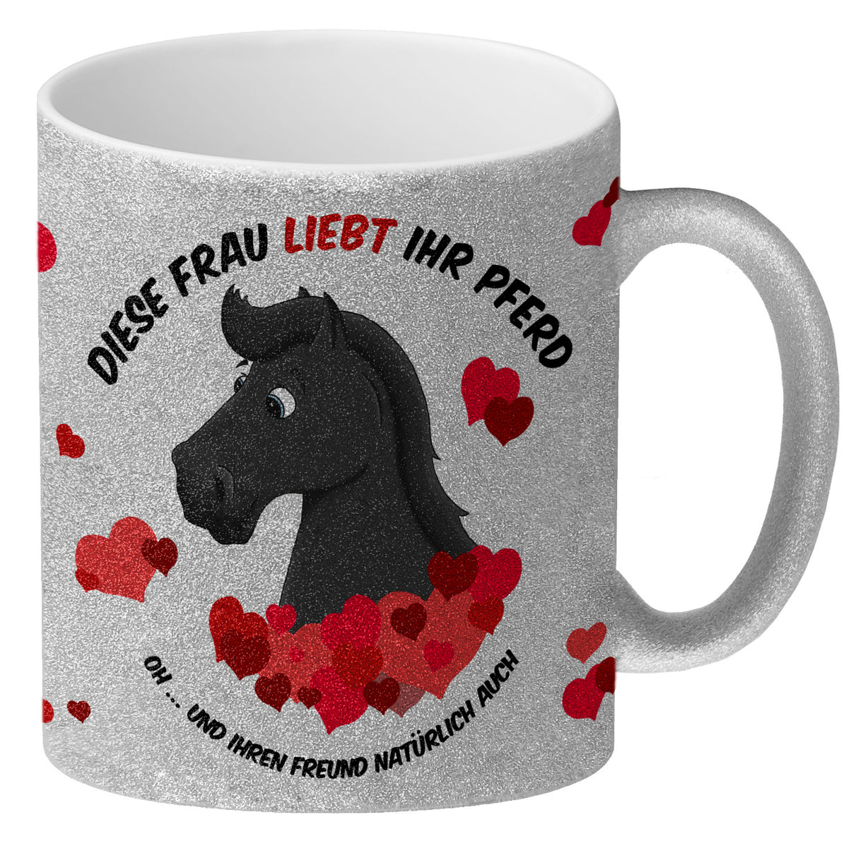 Kaffeebecher mit weißes Pferd Motiv und Spruch: Diese Frau liebt ihr Pferd. Oh ...