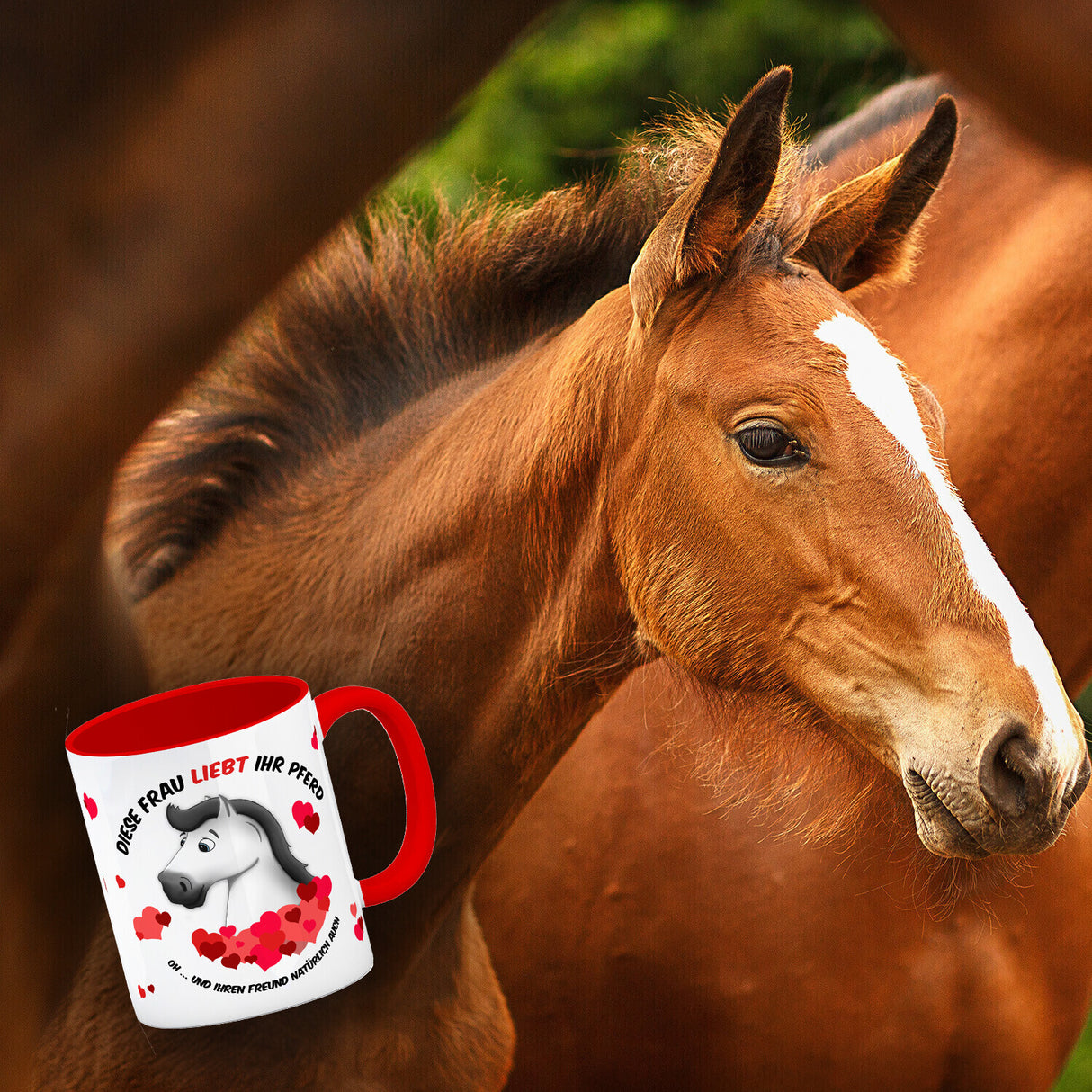 Kaffeebecher mit weißes Pferd Motiv und Spruch: Diese Frau liebt ihr Pferd. Oh ...
