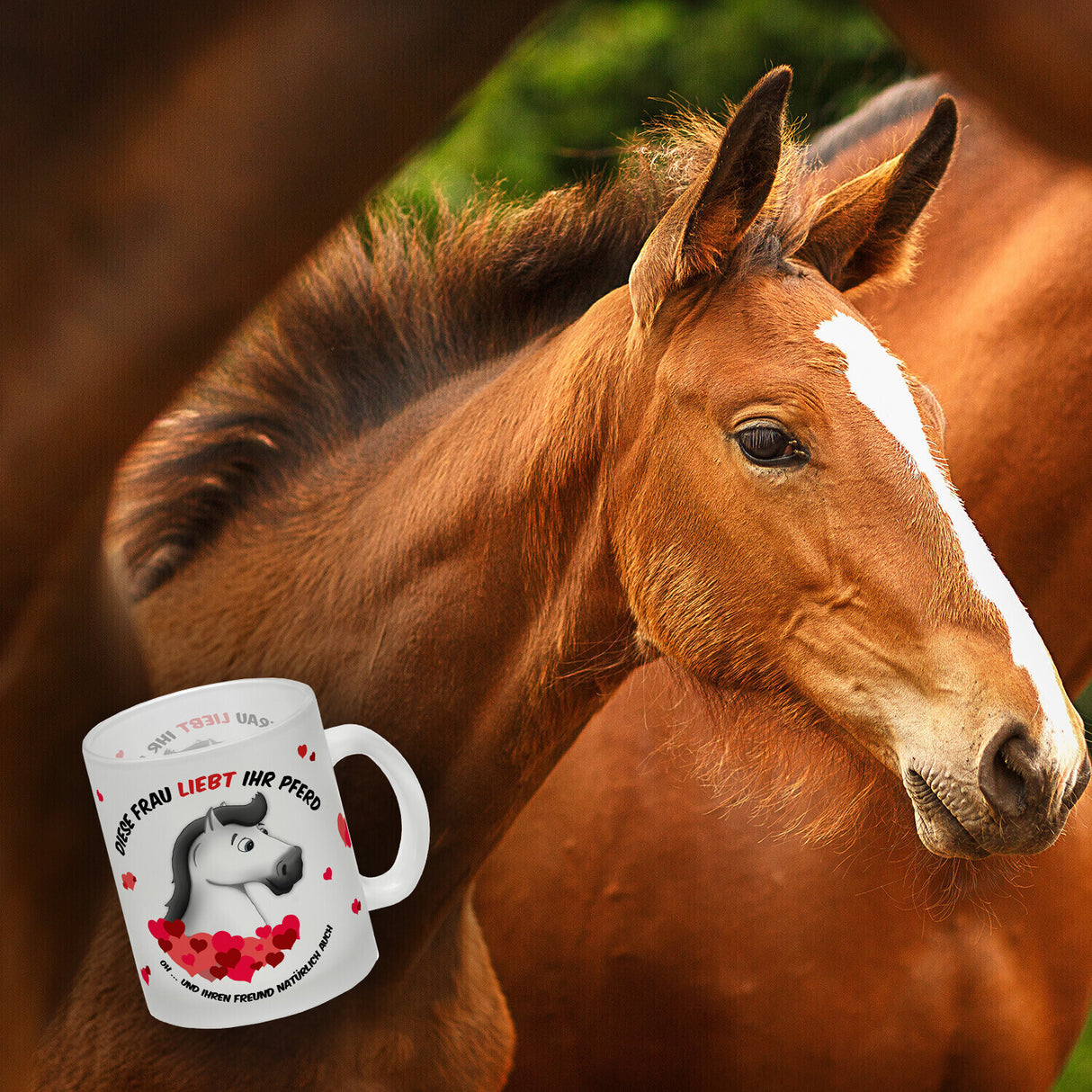 Kaffeebecher mit weißes Pferd Motiv und Spruch: Diese Frau liebt ihr Pferd. Oh ...