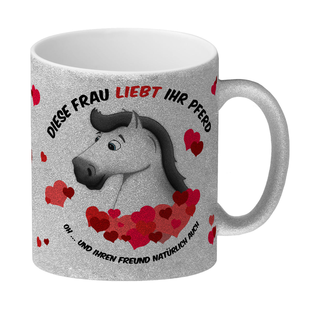 Kaffeebecher mit weißes Pferd Motiv und Spruch: Diese Frau liebt ihr Pferd. Oh ...