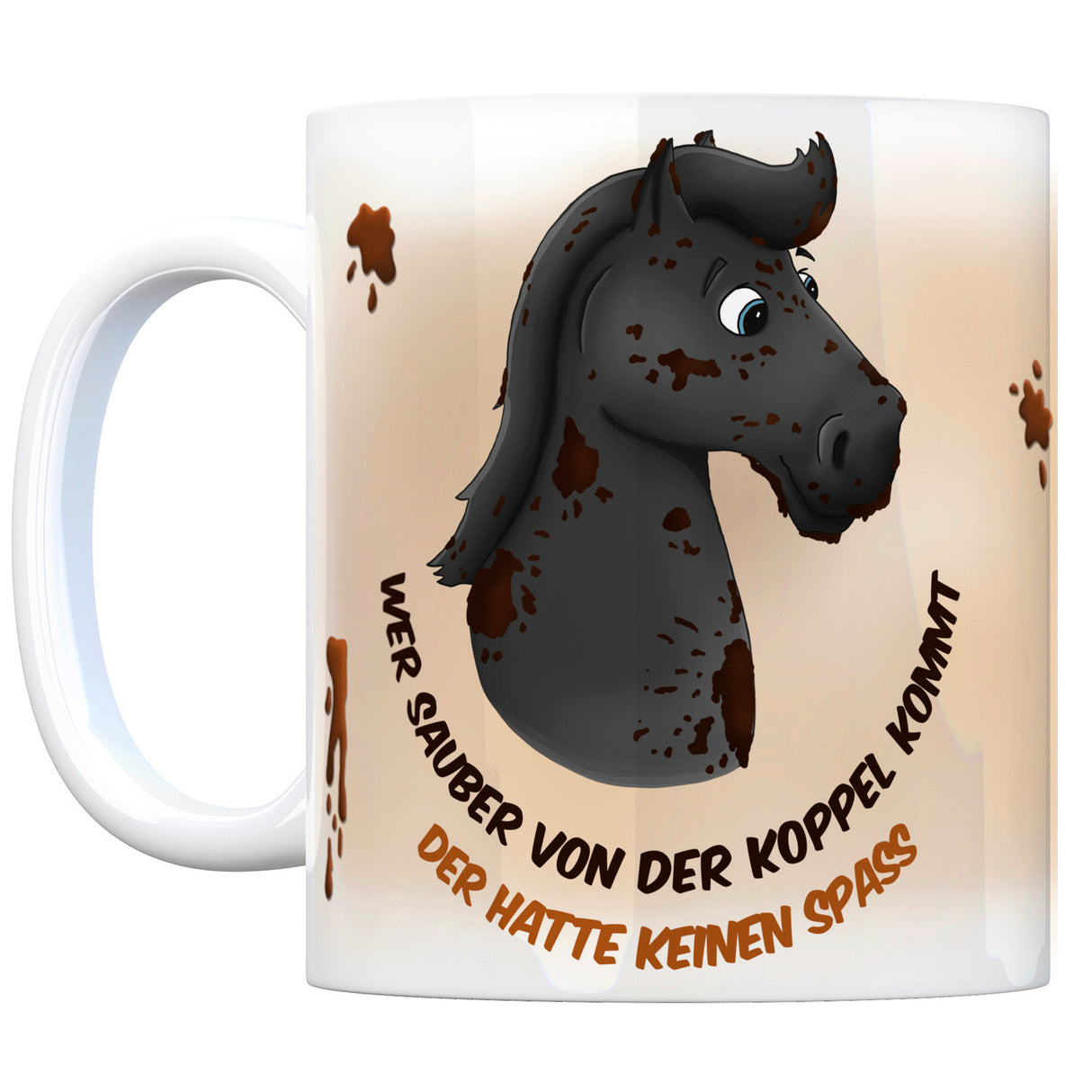 Kaffeebecher mit weißes Pferd Motiv und Spruch: Wer sauber von der Koppel kommt, ...