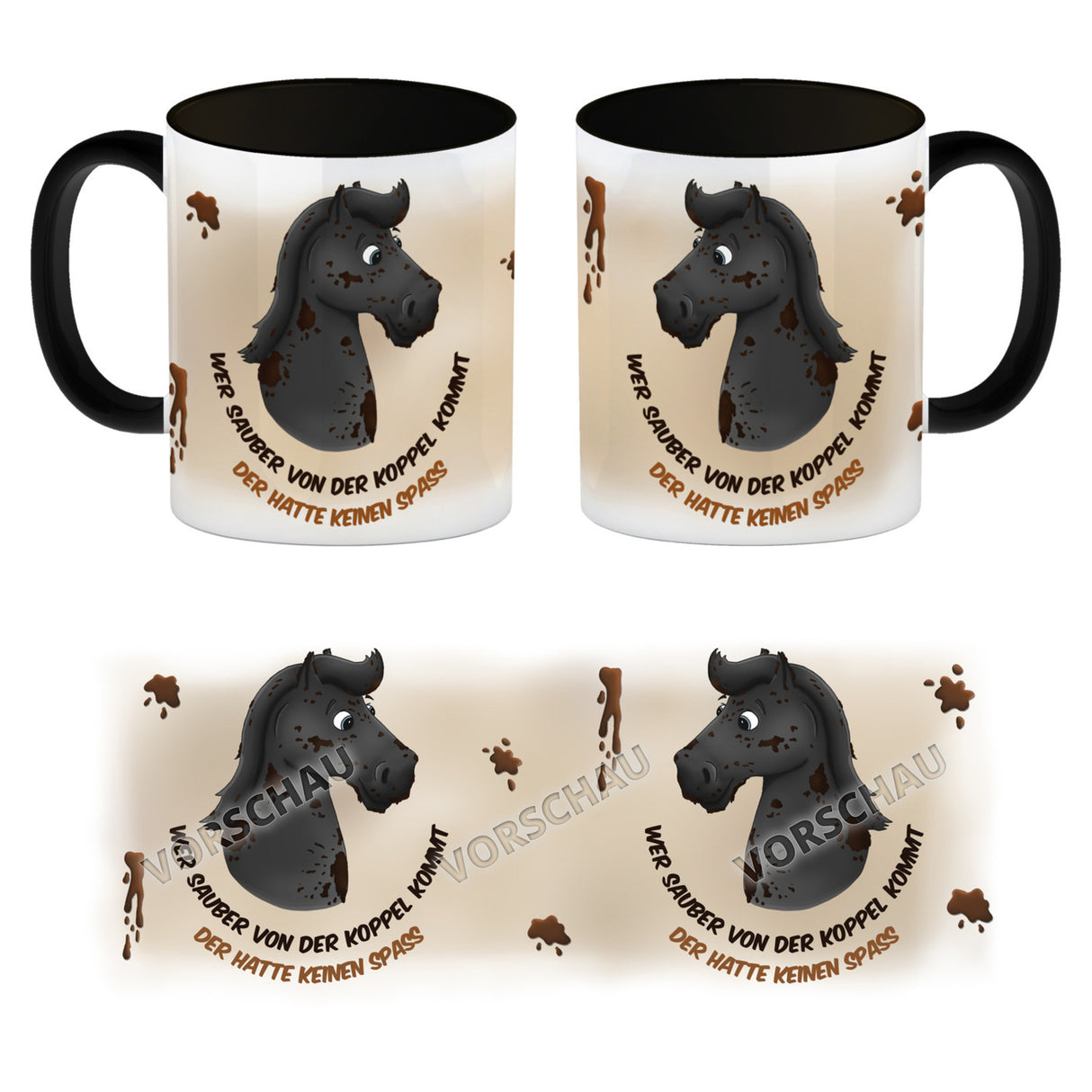 Kaffeebecher mit weißes Pferd Motiv und Spruch: Wer sauber von der Koppel kommt, ...