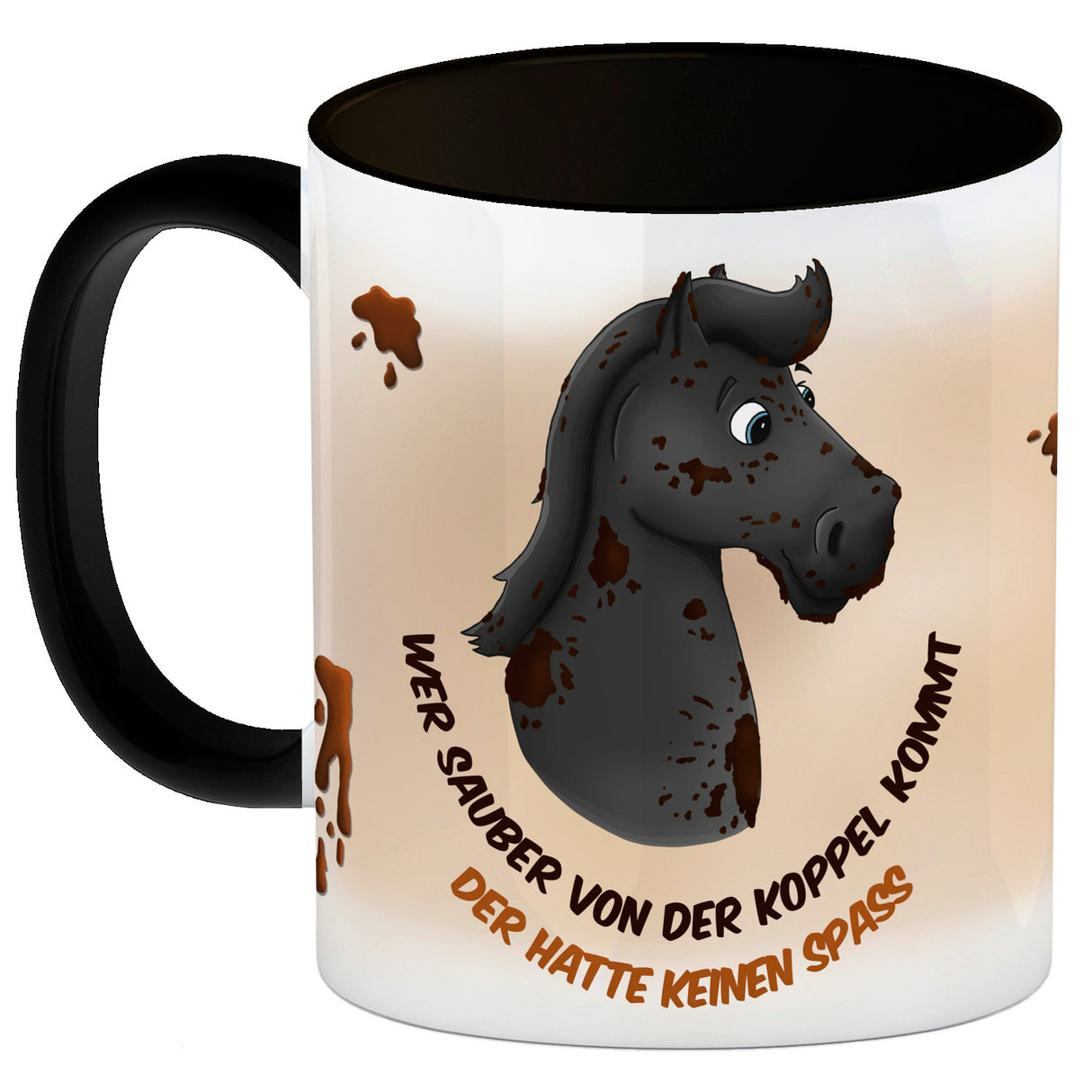 Kaffeebecher mit weißes Pferd Motiv und Spruch: Wer sauber von der Koppel kommt, ...