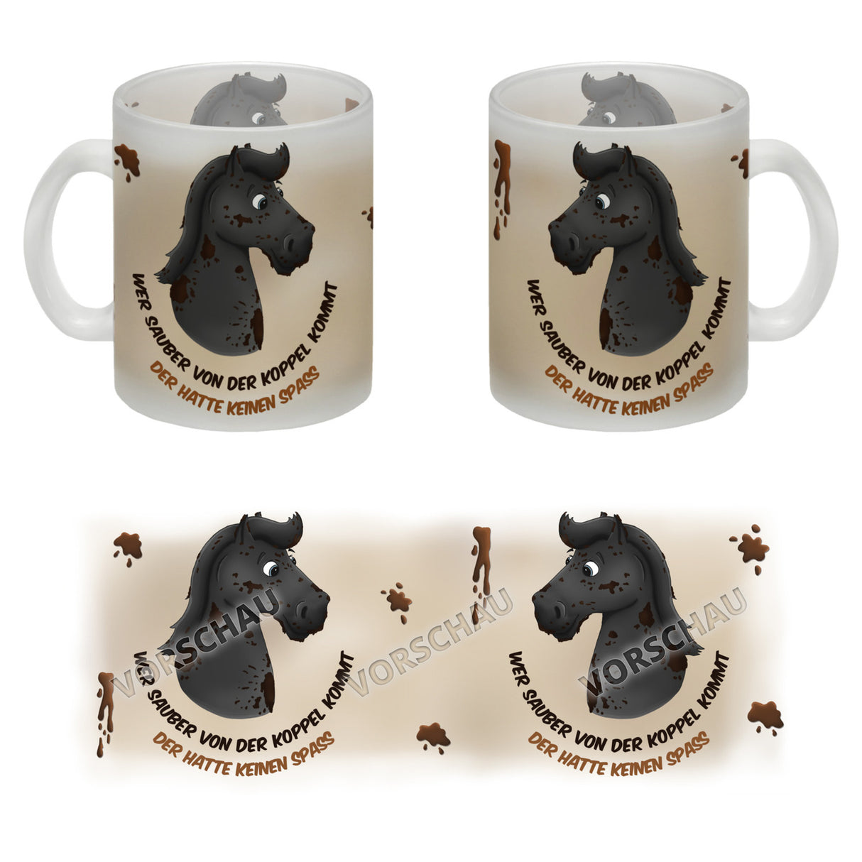Kaffeebecher mit weißes Pferd Motiv und Spruch: Wer sauber von der Koppel kommt, ...