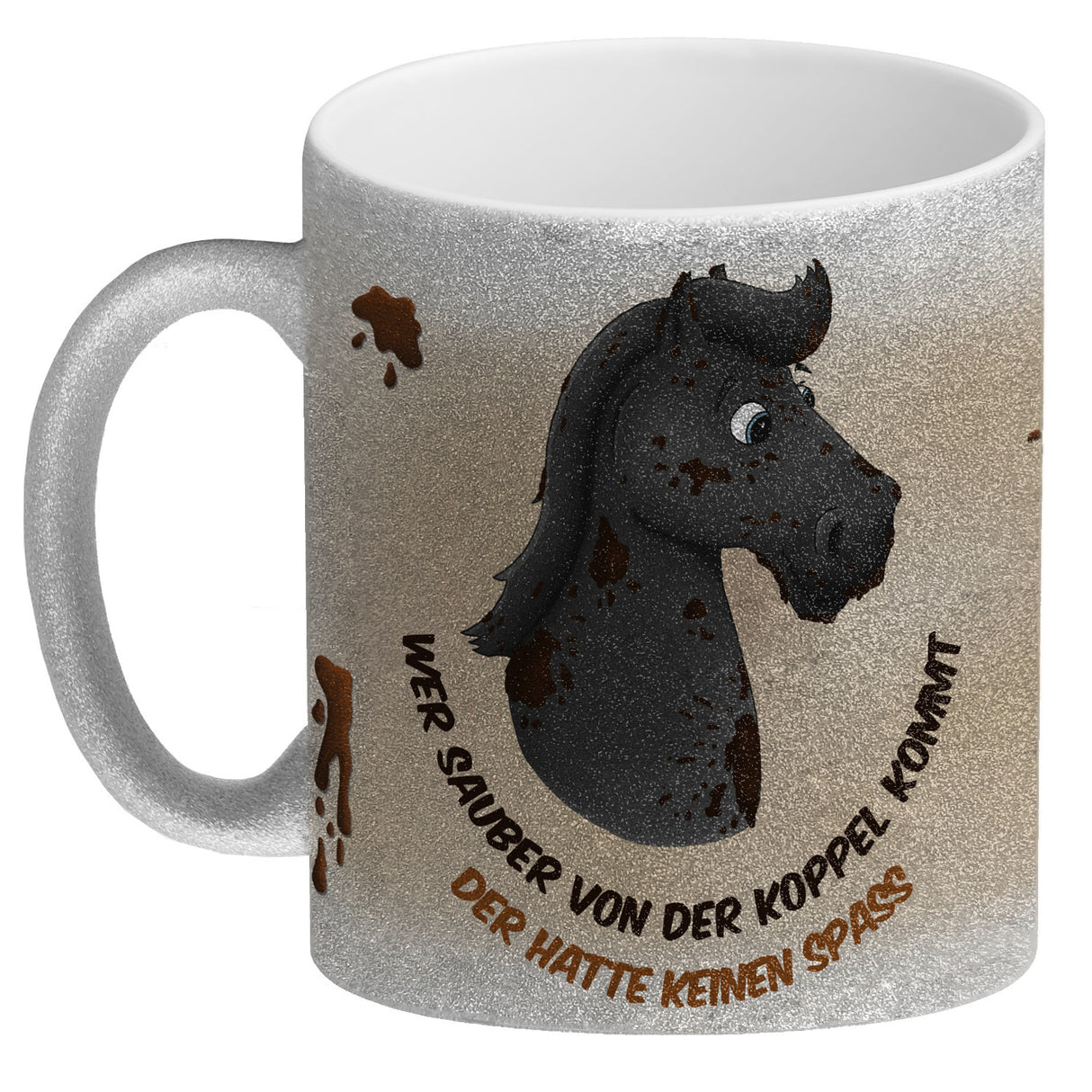 Kaffeebecher mit weißes Pferd Motiv und Spruch: Wer sauber von der Koppel kommt, ...