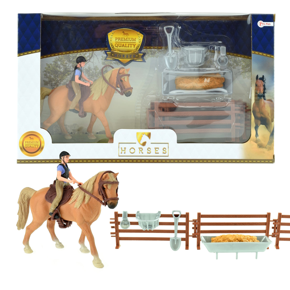 Spielzeug Pferd und Reiter Set mit Zäunen, Fresstrog und Zubehör