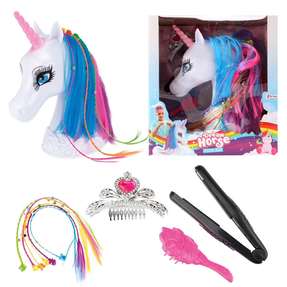 Einhorn Frisierkopf für Mädchen Styling Spiel mit Diadem, bunten Strähnen, Glätteisen und Haarbürste
