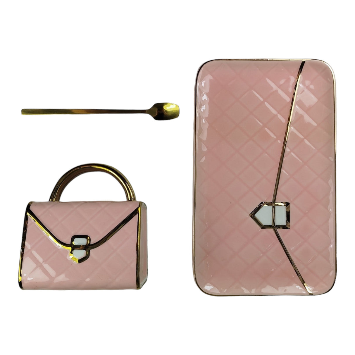 Shopping Bag Kaffeebecher Set Handtasche Tasse mit Löffel und Untertasse in Pink
