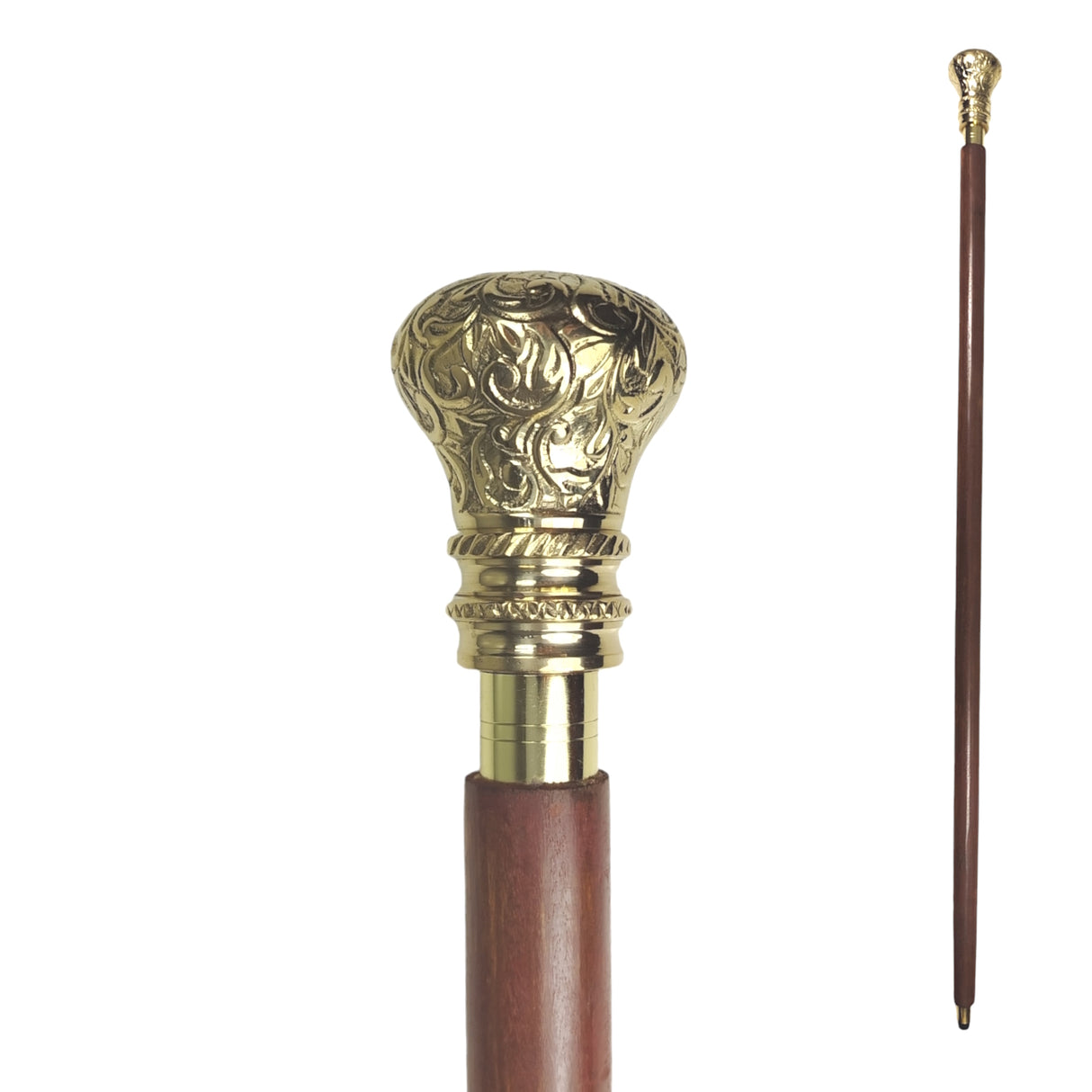 Edler Spazierstock Gehstock aus Holz mit graviertem goldenen Griff aus Metall