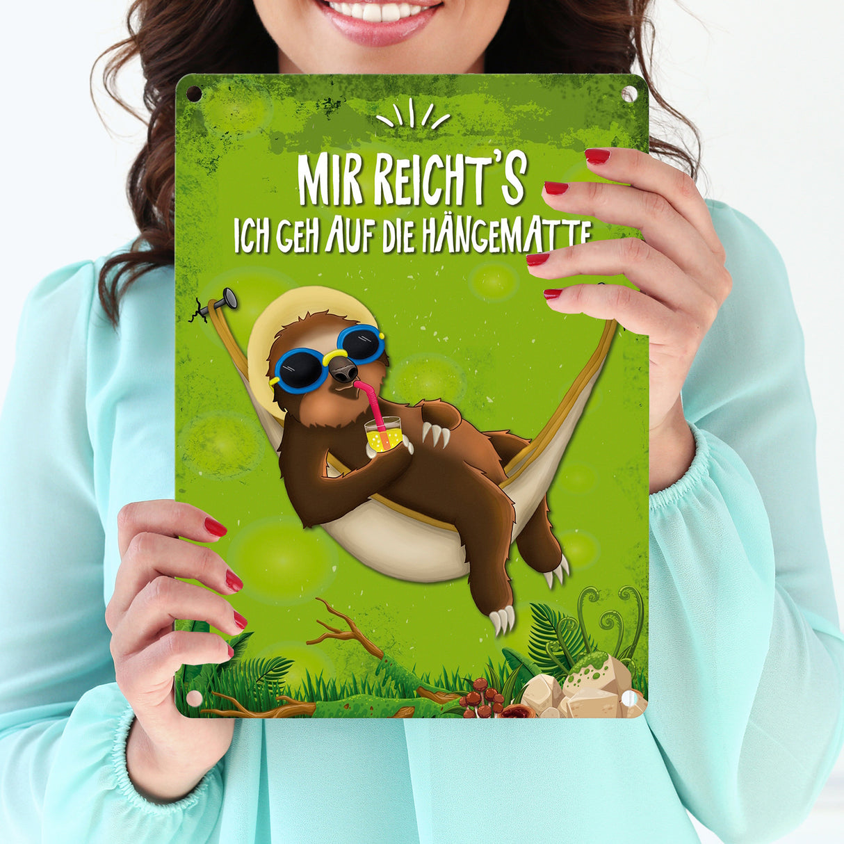 Metallschild mit Faultier in Hängematte Motiv und Spruch: Mir reicht's ich geh auf die Hängematte