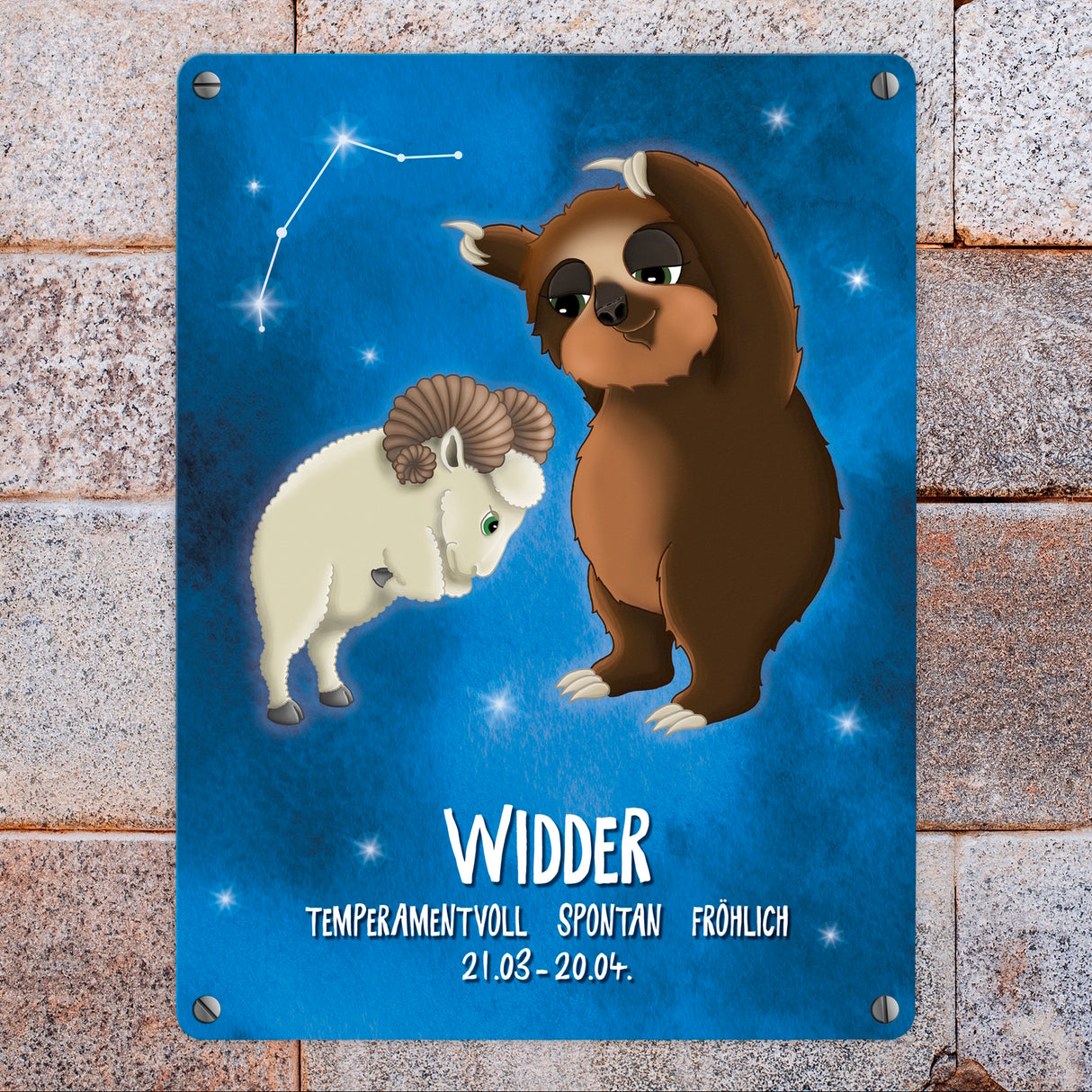 Metallschild mit Faultier Sternzeichen Widder Motiv