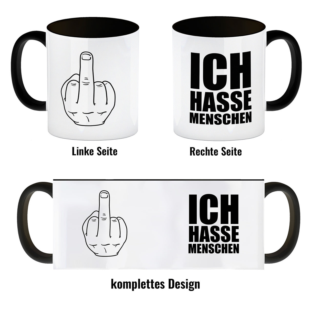 Kaffeebecher mit Mittelfinger Motiv und Spruch: Ich hasse Menschen
