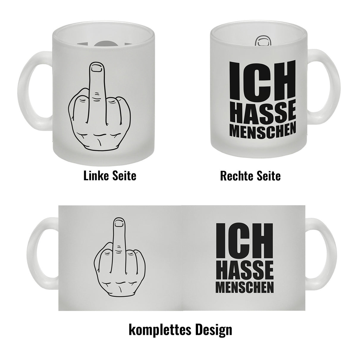 Kaffeebecher mit Mittelfinger Motiv und Spruch: Ich hasse Menschen