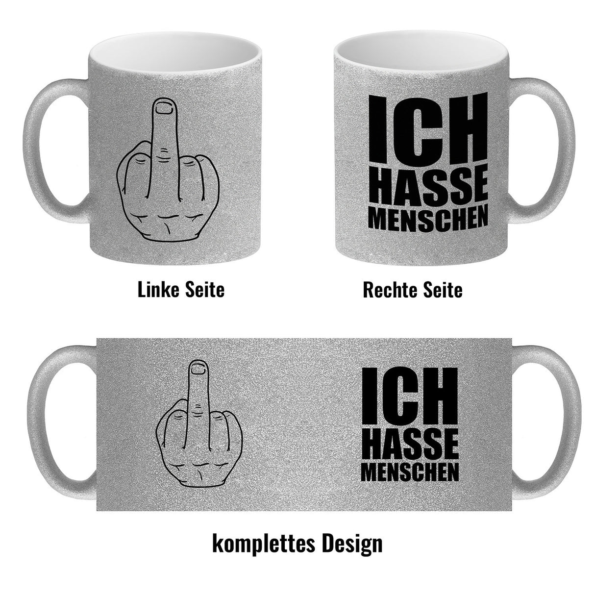 Kaffeebecher mit Mittelfinger Motiv und Spruch: Ich hasse Menschen