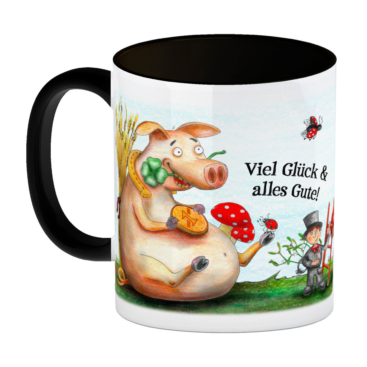 Kaffeebecher mit Glücksschwein Motiv und Spruch: Viel Glück und alles Gute!