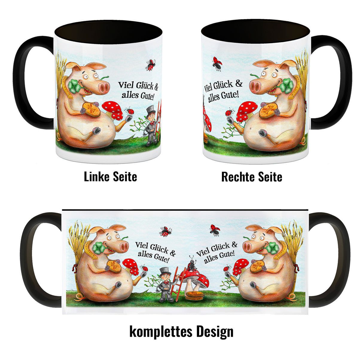Kaffeebecher mit Glücksschwein Motiv und Spruch: Viel Glück und alles Gute!