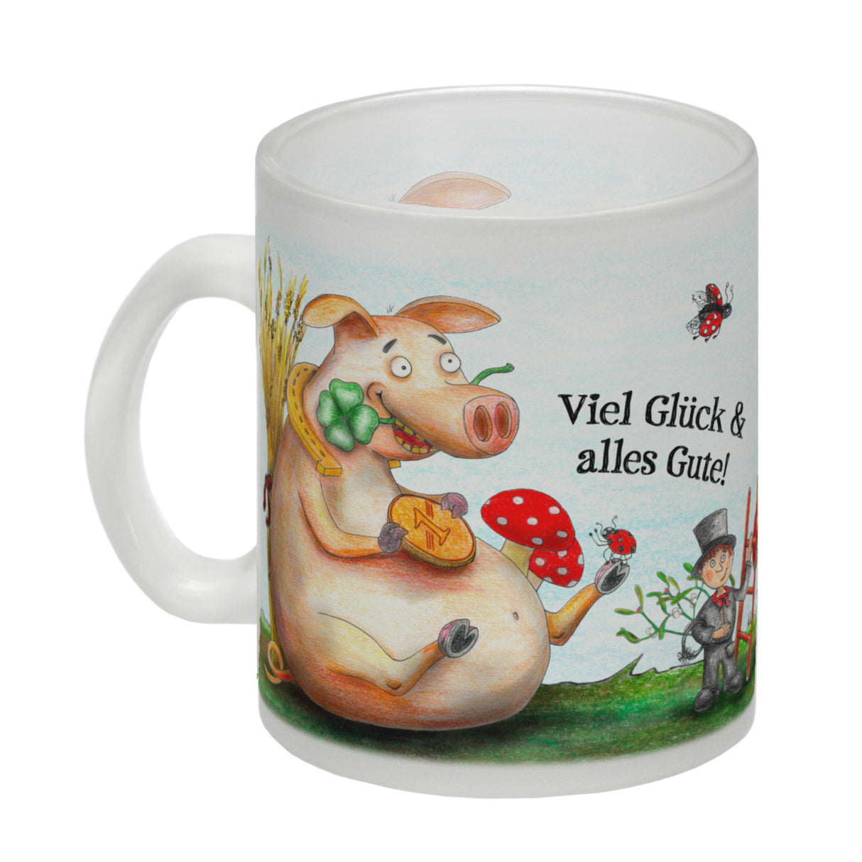 Kaffeebecher mit Glücksschwein Motiv und Spruch: Viel Glück und alles Gute!