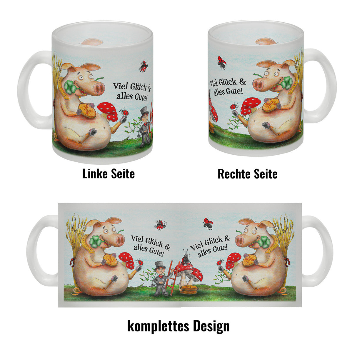 Kaffeebecher mit Glücksschwein Motiv und Spruch: Viel Glück und alles Gute!