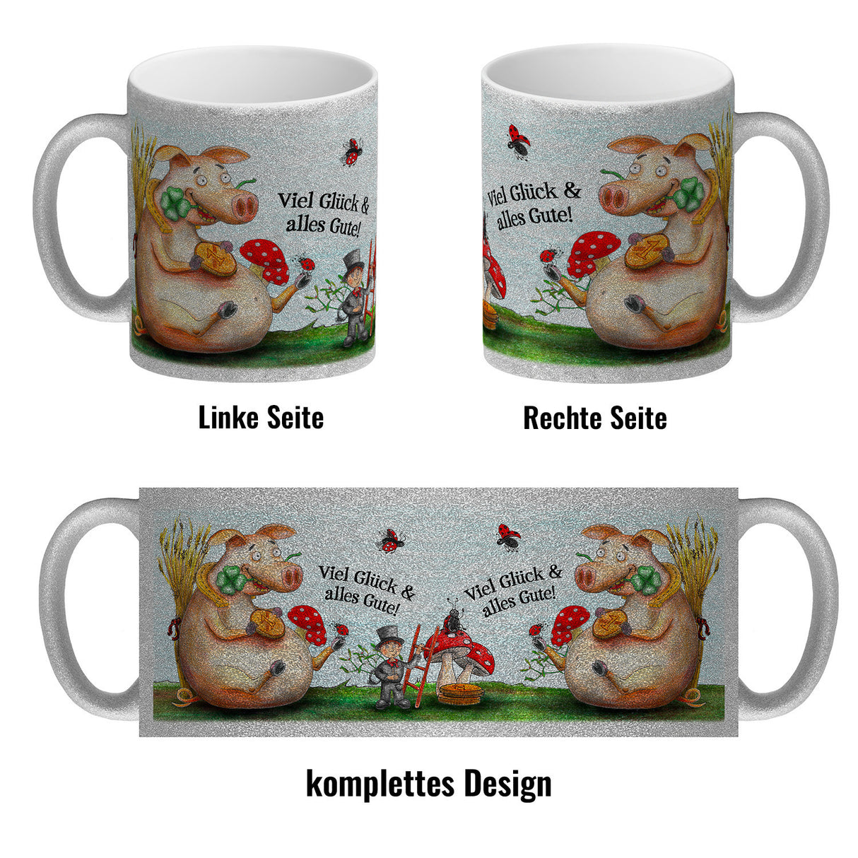 Kaffeebecher mit Glücksschwein Motiv und Spruch: Viel Glück und alles Gute!
