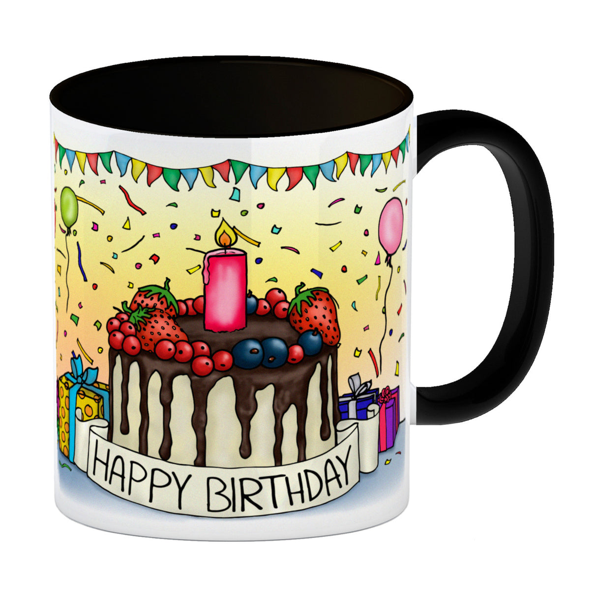 Kaffeebecher mit Geburtstagstorte Motiv und Spruch: Happy Birthday