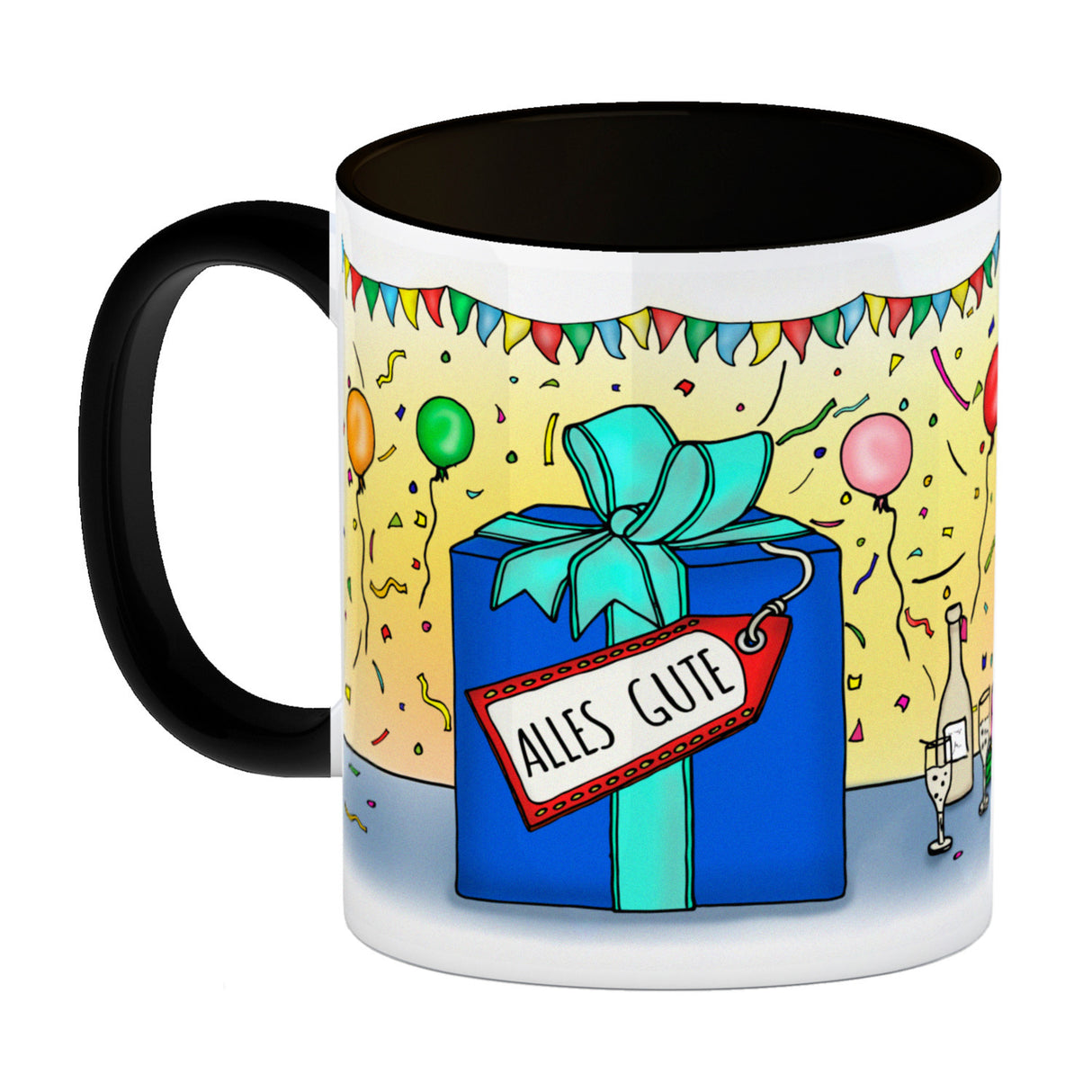 Kaffeebecher mit Geburtstagstorte Motiv und Spruch: Happy Birthday