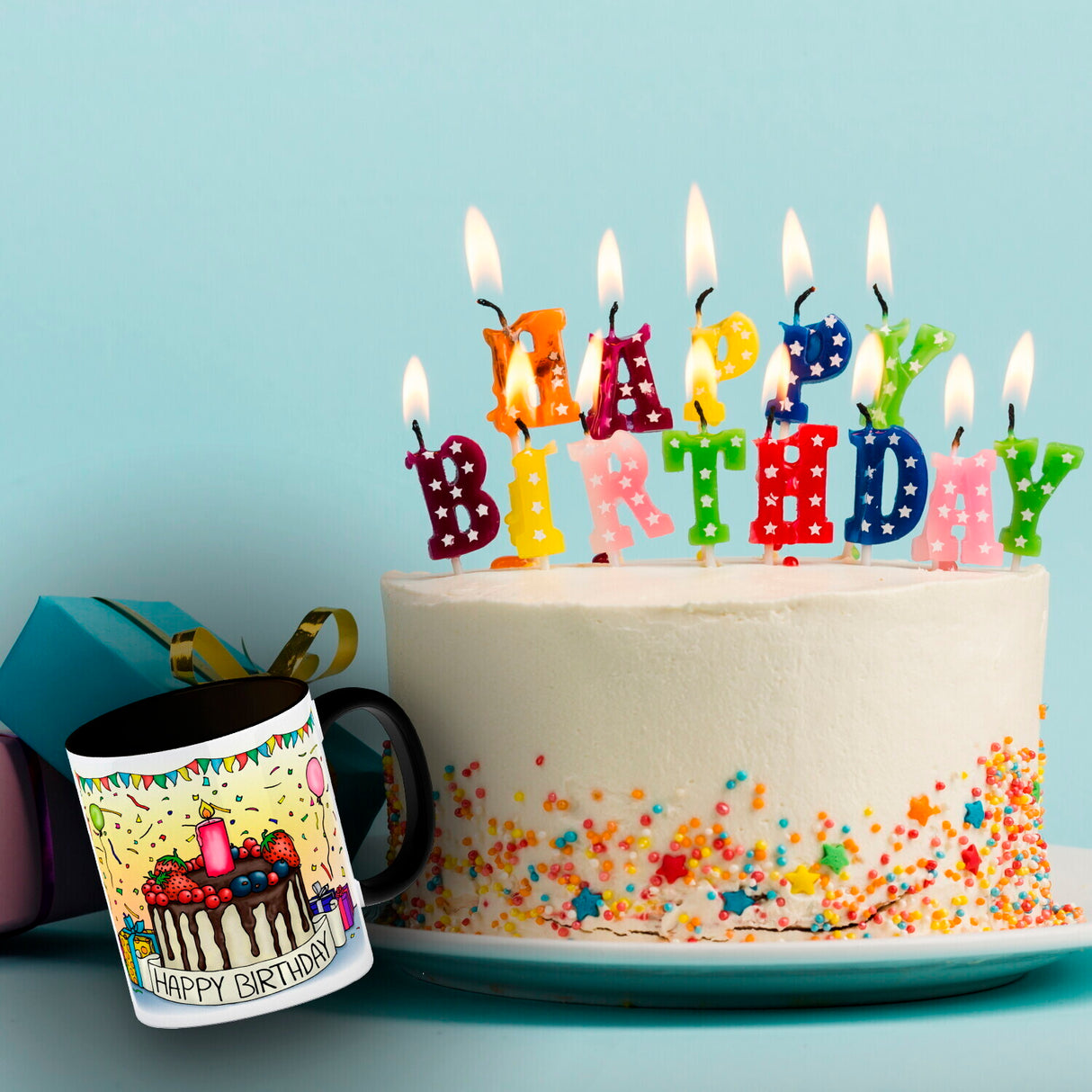 Kaffeebecher mit Geburtstagstorte Motiv und Spruch: Happy Birthday