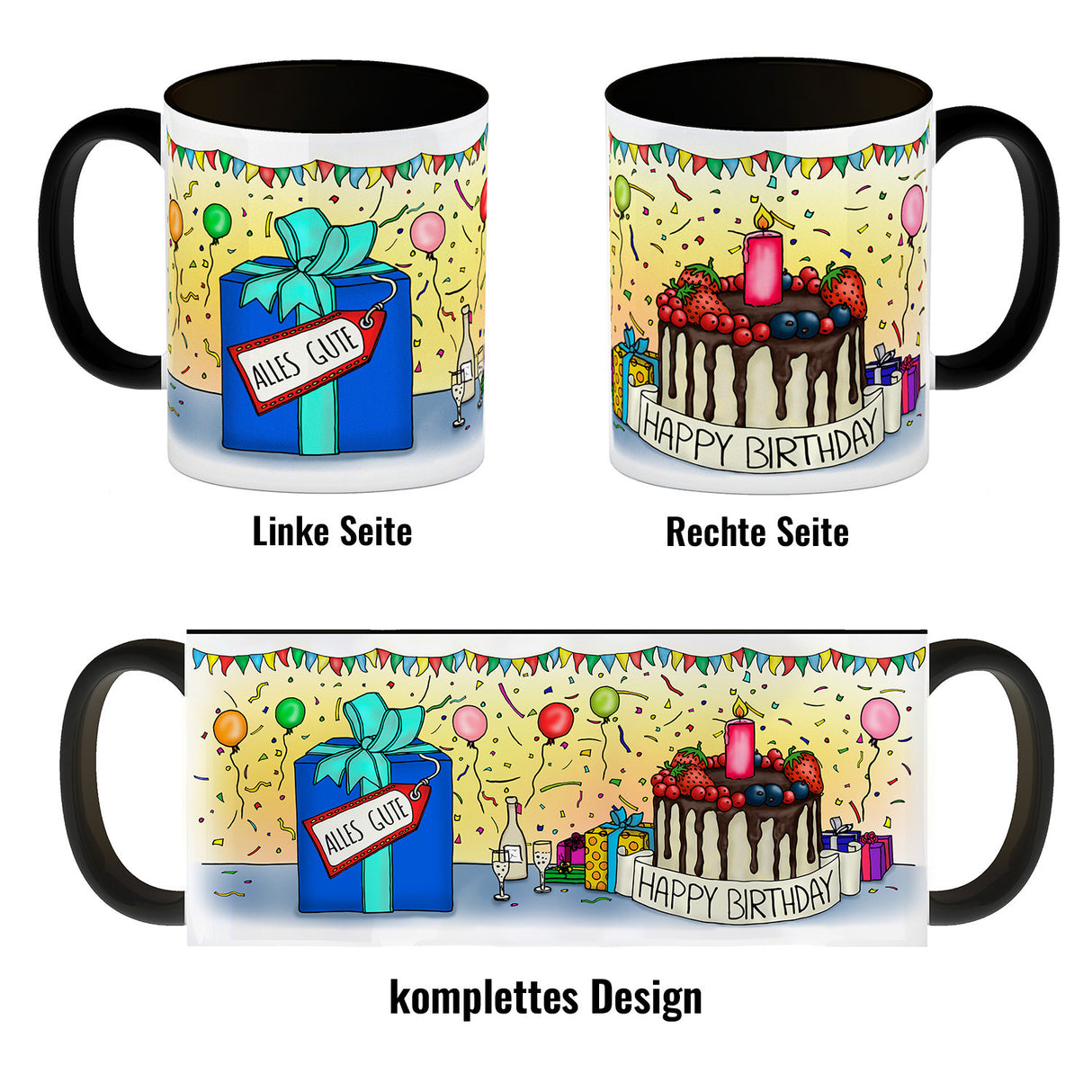 Kaffeebecher mit Geburtstagstorte Motiv und Spruch: Happy Birthday