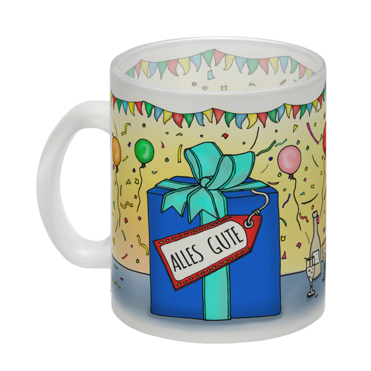 Kaffeebecher mit Geburtstagstorte Motiv und Spruch: Happy Birthday