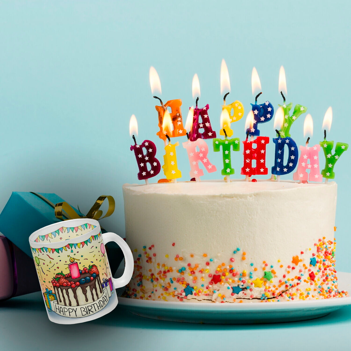 Kaffeebecher mit Geburtstagstorte Motiv und Spruch: Happy Birthday